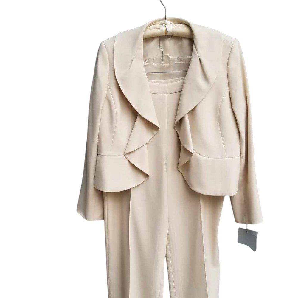 Kasper Tan Lightweight Ruffle Collar Pants Suit Size 16